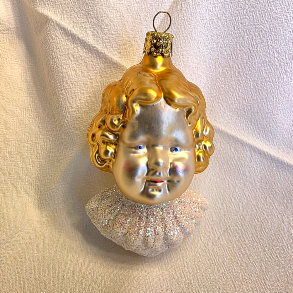 Vintage German Blown Glass Cherub Christmas Ornament Gold and Silver Angel Head
